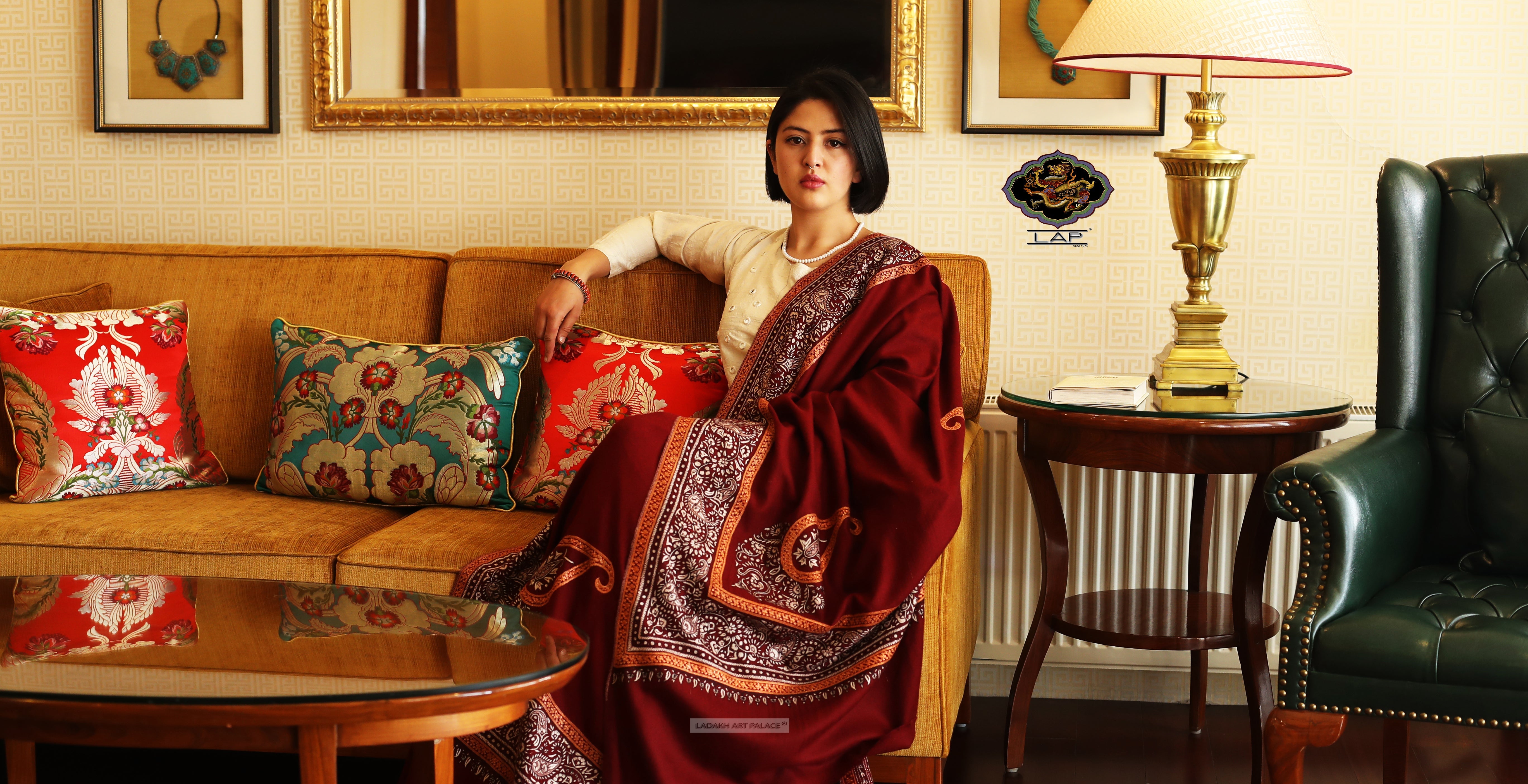 Maroon Embroidered Pure Pashmina Shawl With Zari Border - the ladakh art palace