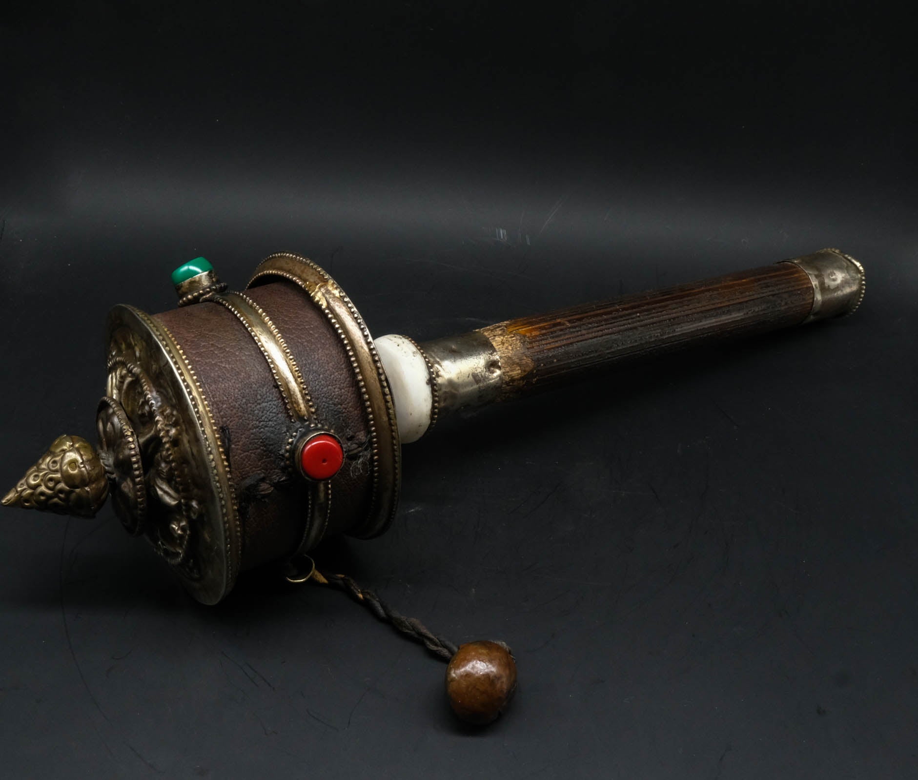 White Metal and Leather Prayer Wheel - the ladakh art palace